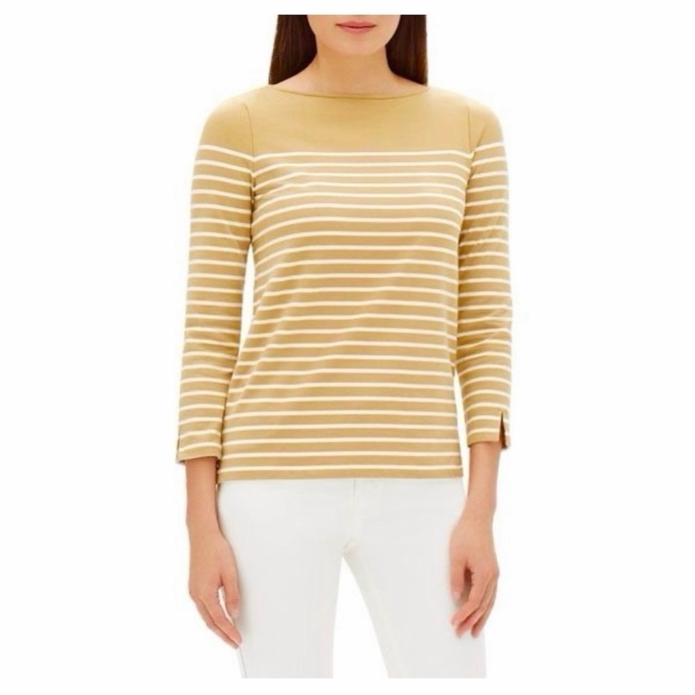 Lafayette 148 New York Wes Boat Neck Tan White Breton Striped Top Size XS